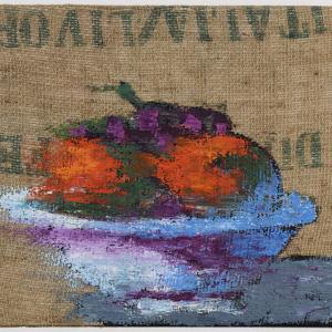 Tomorrow Never Knows, 2020, Olio su sacco di caffè , 30x40cm