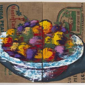 Tomorrow Never Knows, 2017, Olio su sacco di caffè , 80x100cm