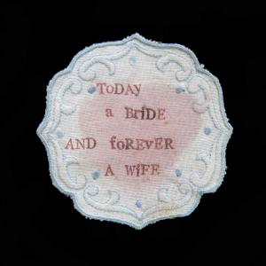 Today&Forever, 2022, Inchiostro e cera epilatoria su centrino da corredo, 11x11cm