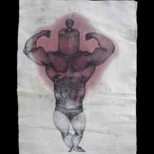 Strongman, 2018, Inchiostro e cera epilatoria su lenzuolo da corredo, 27x37cm
