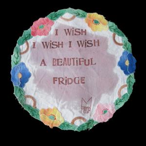 I wish I wish I wish, 2022, Inchiostro e cera epilatoria su centrino da corredo, 25x25cm