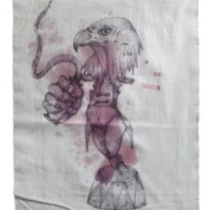 The Crow, 2018, Inchiostro e cera epilatoria su lenzuolo da Corredo, 51x65cm