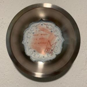 I don't need rights, 2023, Inchiostro e ceretta epilatoria su centrino da Corredo, 16cm