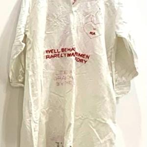 Sorry I'm not sorry, 2022, Ricamo e stampa su camicia da notte antica, 140x60cm