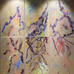 Dedicato ai sognatori, 2022, Tecnica mista e cuciture su carta kraft intelata, 140x140 cm