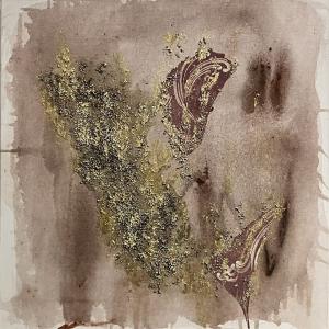 Senza titolo, 2023, Acrilico, sabbia, stoffa per kimono, foglia d'oro, 60x60cm