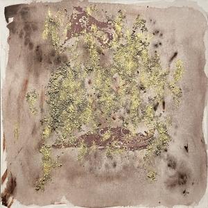 Senza titolo, 2023, Acrilico, sabbia, stoffa per kimono, foglia d'oro, 80x80cm